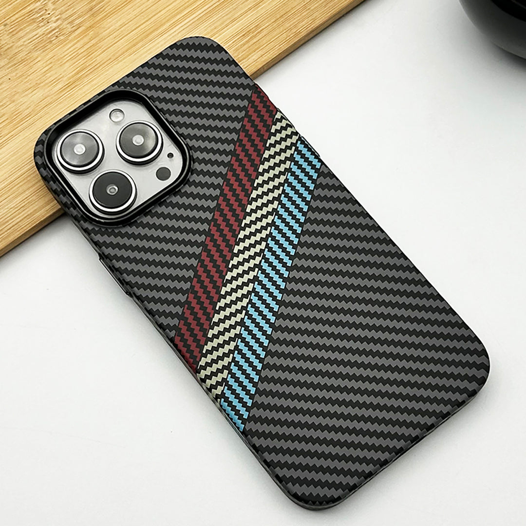 iPhone 15 Series Carbon Fiber Texture Tritone Shade Pc Hard Magsafe Case Cover (Black)
