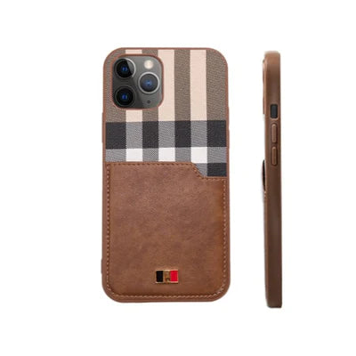 iPhone 15 Series Chequered Leather Card Holder Wallet Case Cover