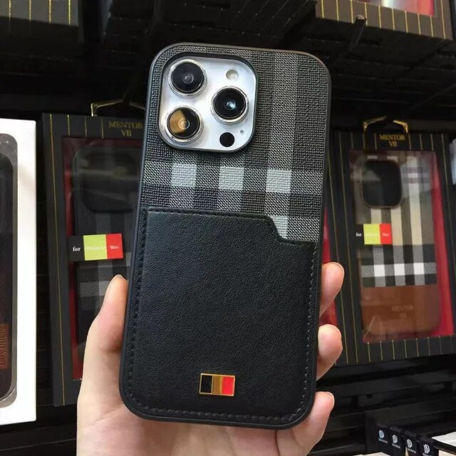 iPhone 15 Series Chequered Leather Card Holder Wallet Case Cover