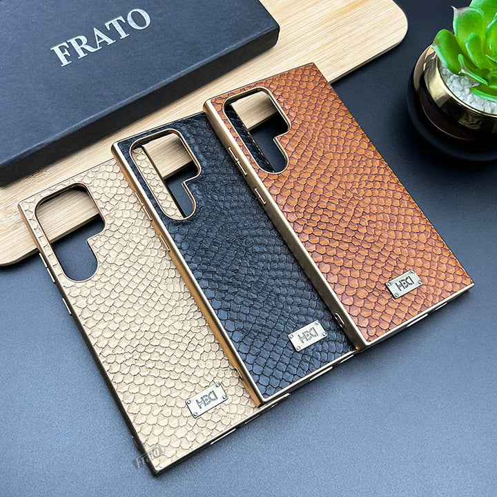 Samsung Galaxy S22 Ultra Chrome Plated PU Leather Snake Skin Texture Design Case Cover
