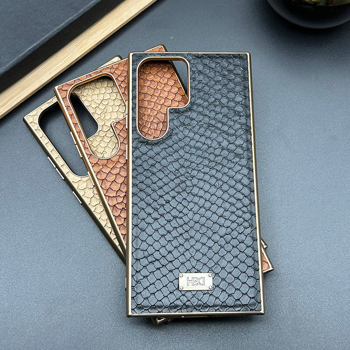 Samsung Galaxy S22 Ultra Chrome Plated PU Leather Snake Skin Texture Design Case Cover