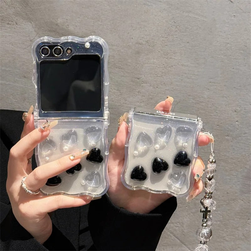Samsung Galaxy Z Flip 6 Cute Korean Heart Soft Glitter Transparent Cases