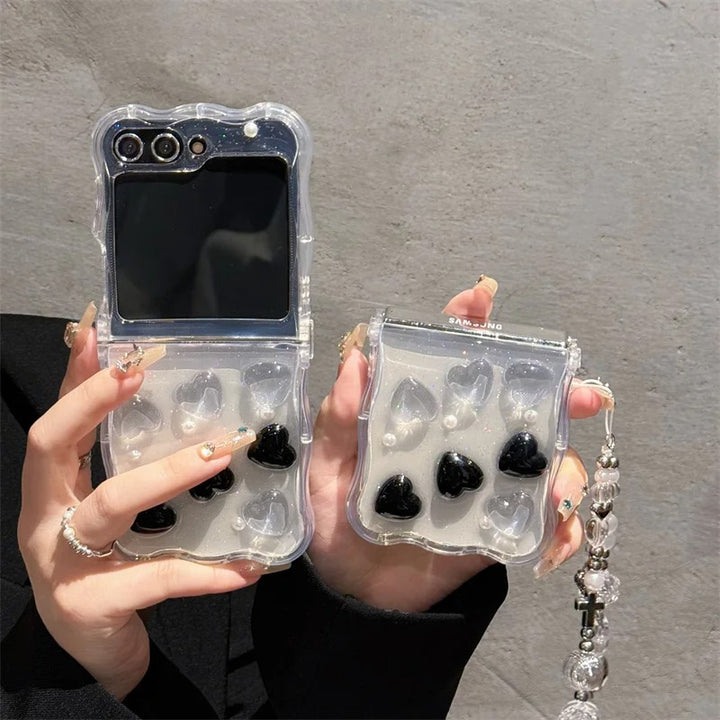 Samsung Galaxy Z Flip 6 Cute Korean Heart Soft Glitter Transparent Cases