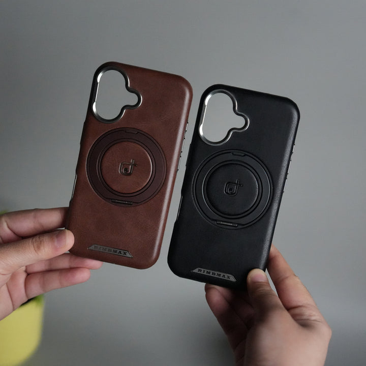 iPhone 16 Series Luxury Leather Magnetic Ring Case | Metal Camera Frame and Kickstand Cover