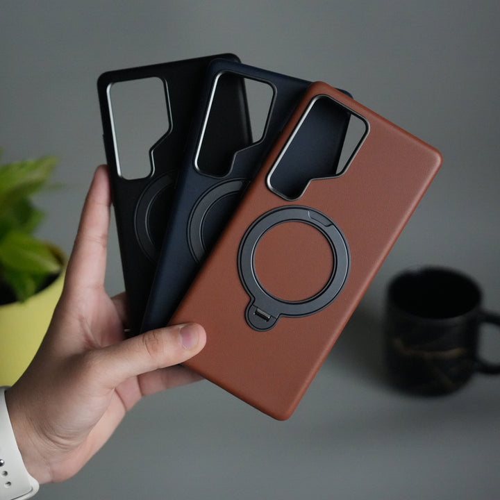 Galaxy S25 Ultra PU Leather Case with Metal Camera Frame & 360° Rotating Metal Stand