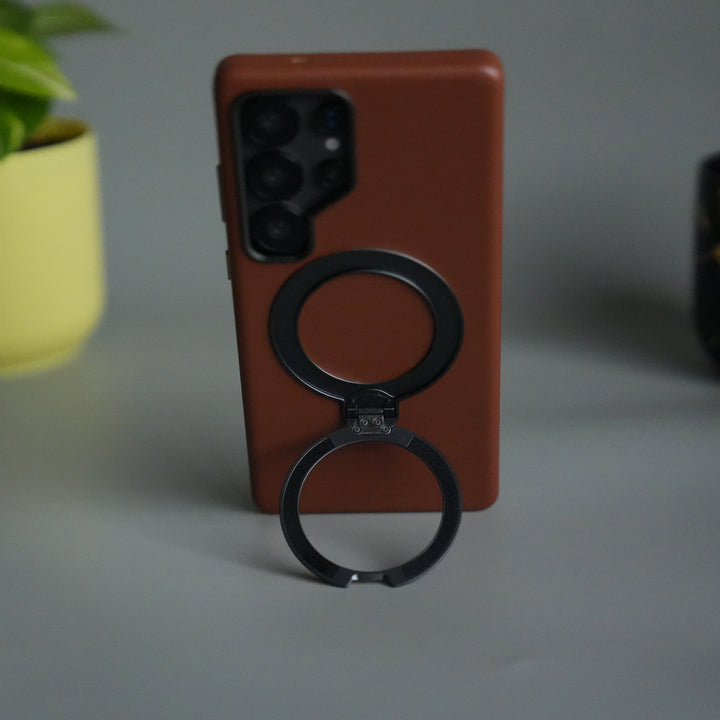 Galaxy S25 Ultra PU Leather Case with Metal Camera Frame & 360° Rotating Metal Stand