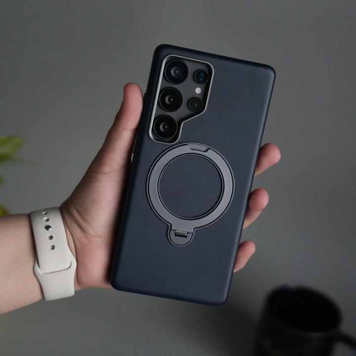 Galaxy S25 Ultra PU Leather Case with Metal Camera Frame & 360° Rotating Metal Stand