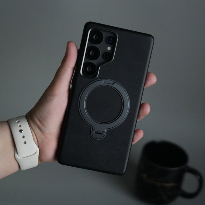 Galaxy S25 Ultra PU Leather Case with Metal Camera Frame & 360° Rotating Metal Stand