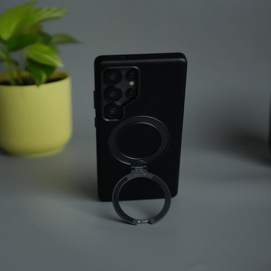 Galaxy S25 Ultra PU Leather Case with Metal Camera Frame & 360° Rotating Metal Stand