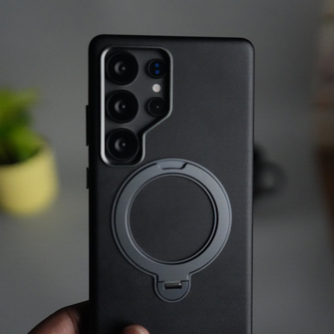 Galaxy S25 Ultra PU Leather Case with Metal Camera Frame & 360° Rotating Metal Stand