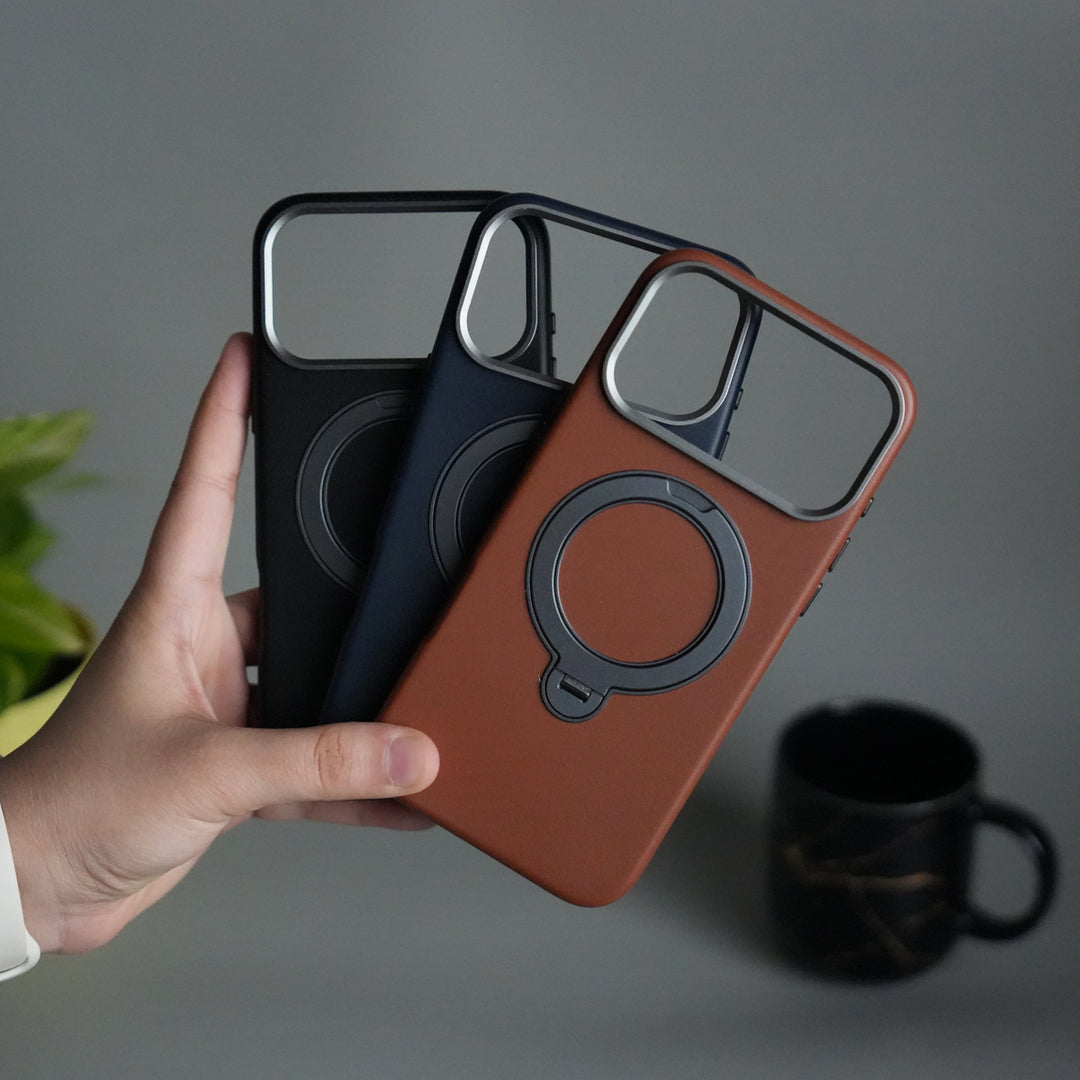 iPhone 17 Pro PU Leather Case with Metal Camera Frame & 360° Rotating Metal Stand