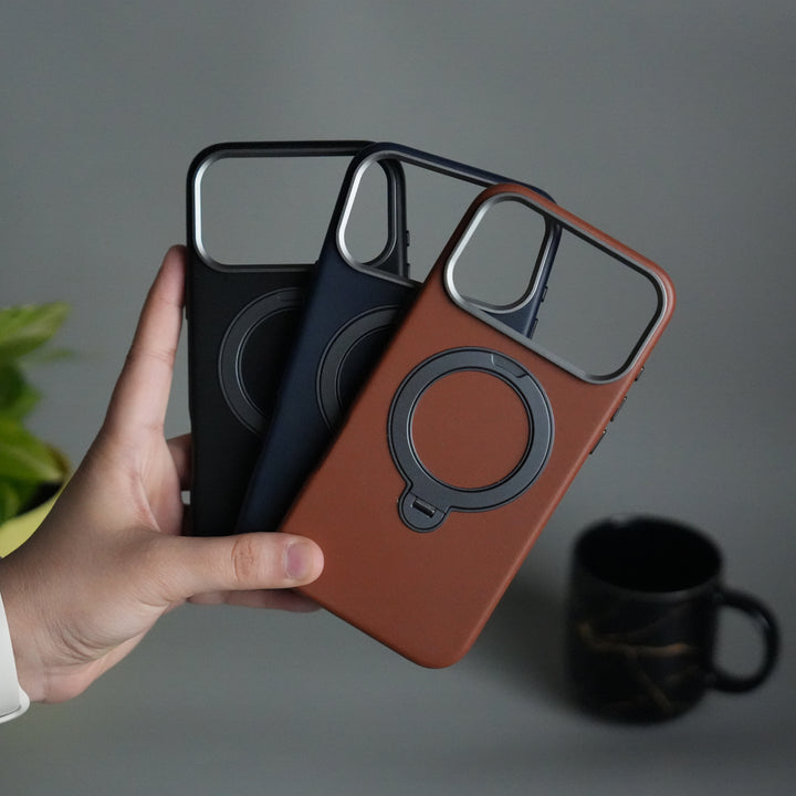 iPhone 17 Pro PU Leather Case with Metal Camera Frame & 360° Rotating Metal Stand