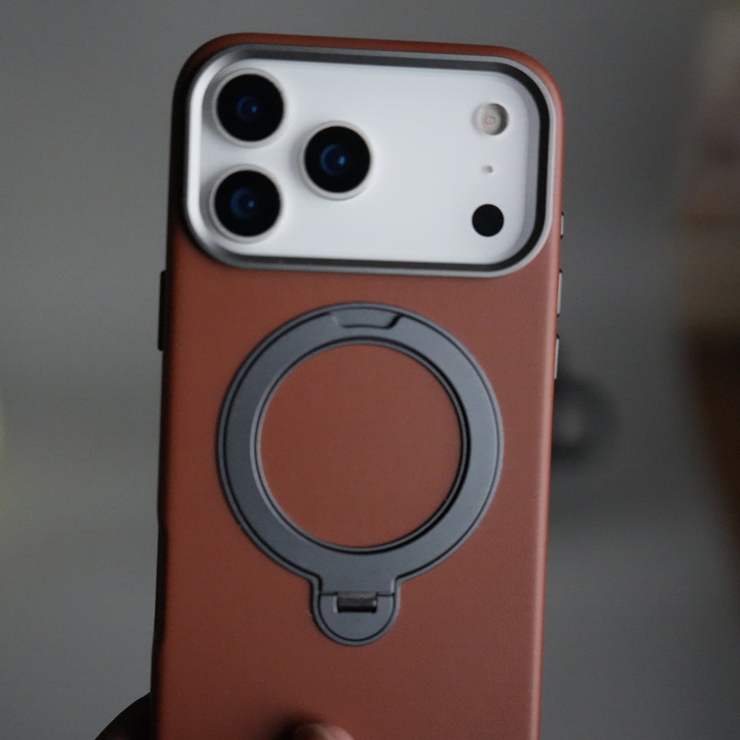 iPhone 17 Pro PU Leather Case with Metal Camera Frame & 360° Rotating Metal Stand