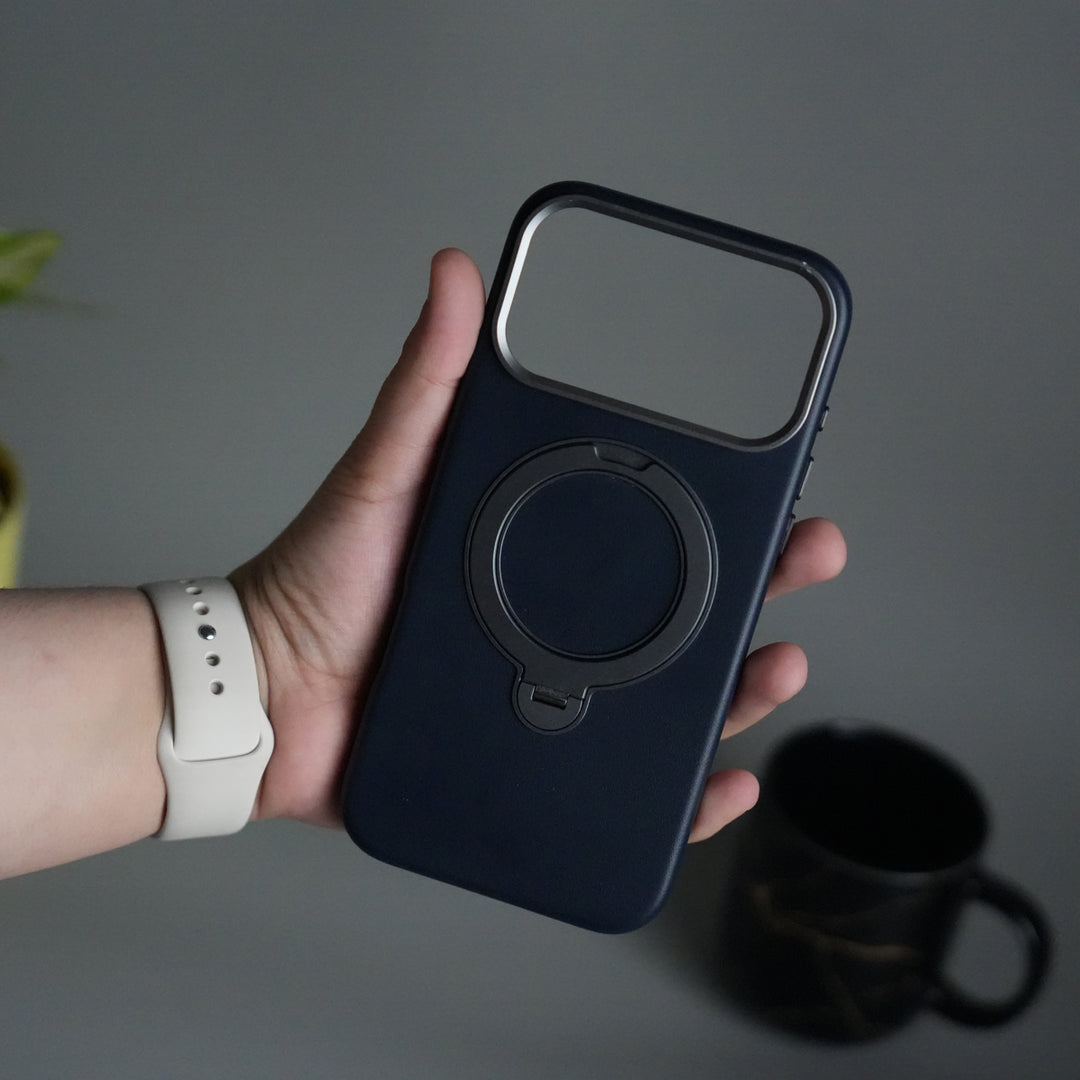 iPhone 17 Pro PU Leather Case with Metal Camera Frame & 360° Rotating Metal Stand