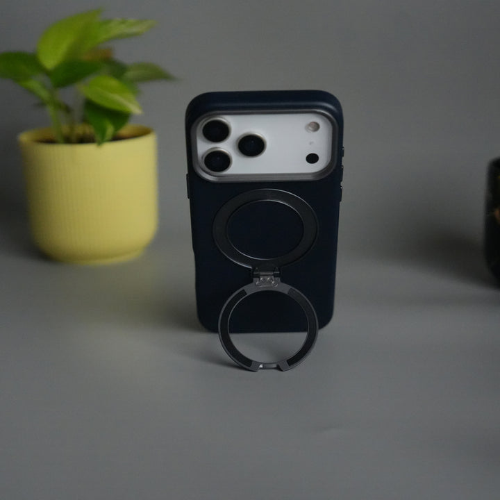 iPhone 17 Pro PU Leather Case with Metal Camera Frame & 360° Rotating Metal Stand