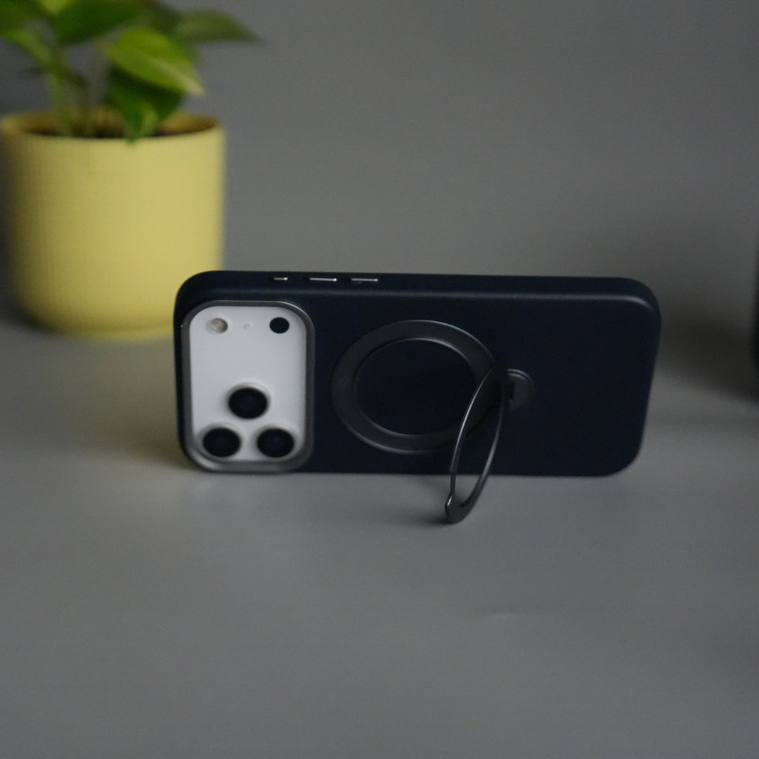 iPhone 17 Pro PU Leather Case with Metal Camera Frame & 360° Rotating Metal Stand