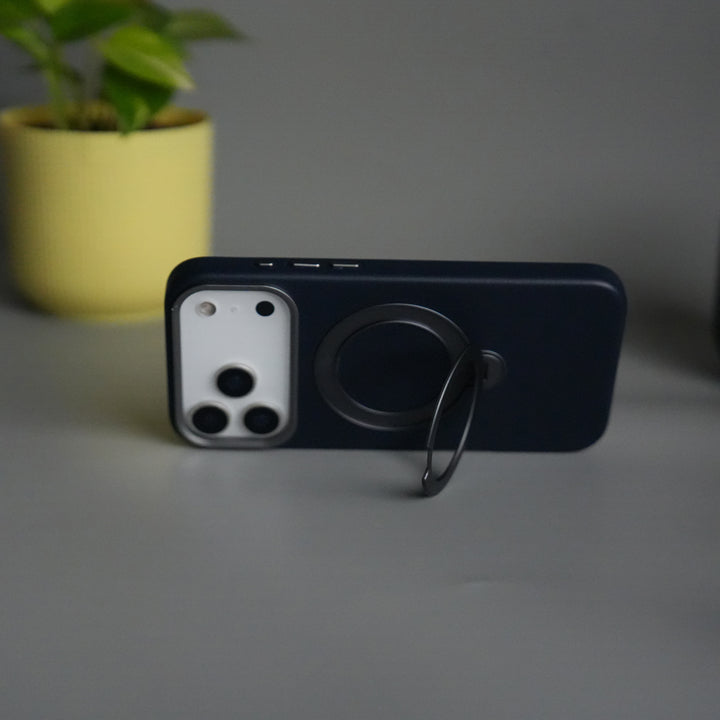 iPhone 17 Pro PU Leather Case with Metal Camera Frame & 360° Rotating Metal Stand