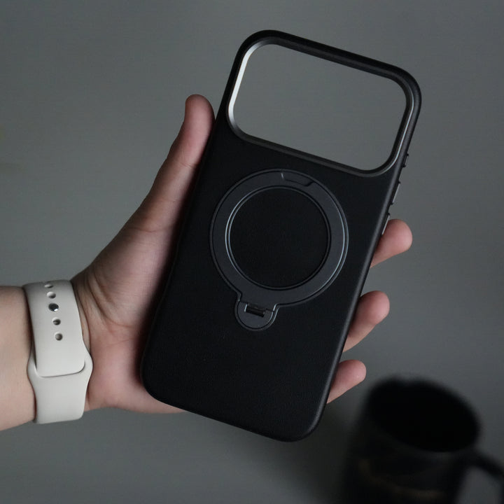 iPhone 17 Pro PU Leather Case with Metal Camera Frame & 360° Rotating Metal Stand