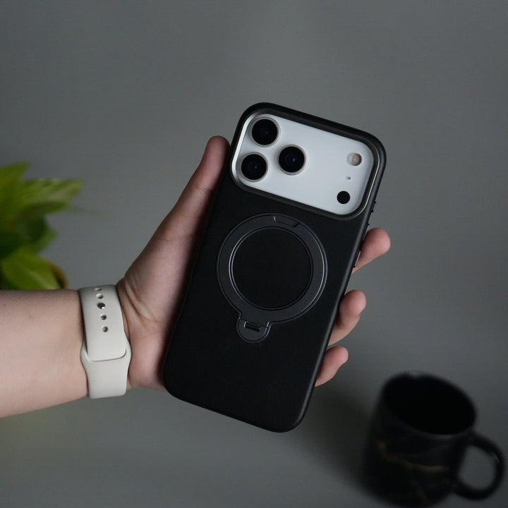 iPhone 17 Pro PU Leather Case with Metal Camera Frame & 360° Rotating Metal Stand