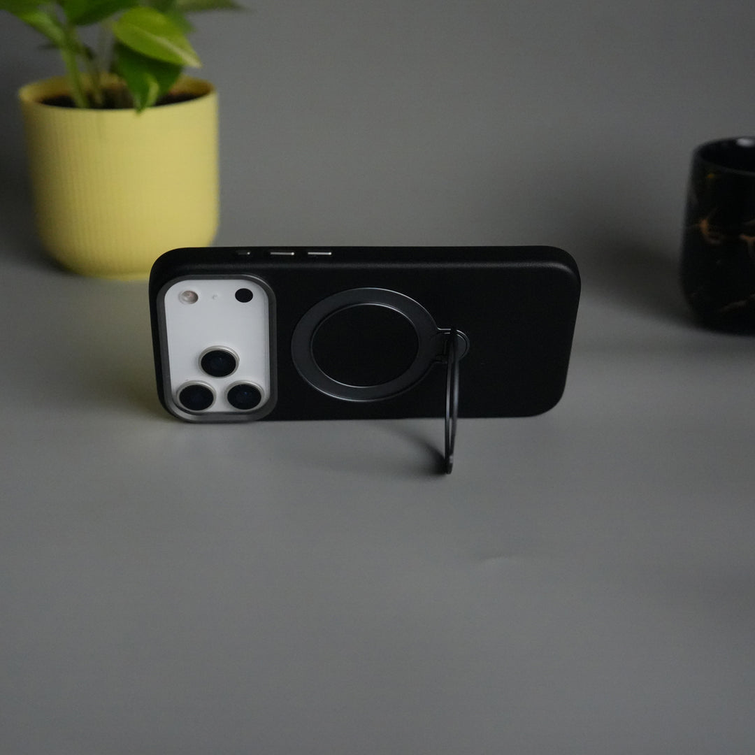 iPhone 17 Pro PU Leather Case with Metal Camera Frame & 360° Rotating Metal Stand