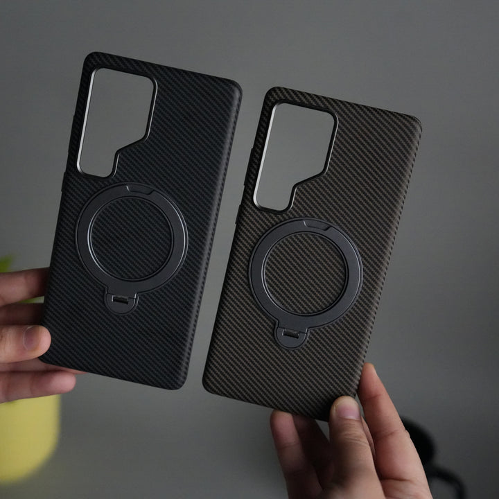 Galaxy S25 Ultra Carbon Fiber Texture Case with Metal Camera Frame & Rotating Ring Stand