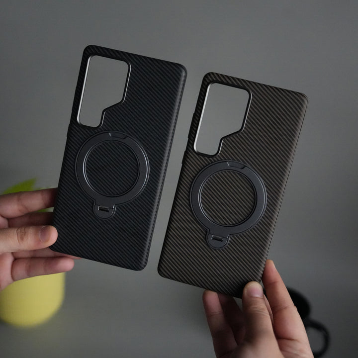 Galaxy S25 Ultra Carbon Fiber Texture Case with Metal Camera Frame & Rotating Ring Stand