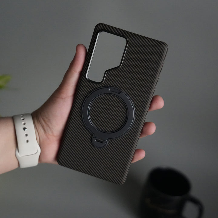 Galaxy S25 Ultra Carbon Fiber Texture Case with Metal Camera Frame & Rotating Ring Stand