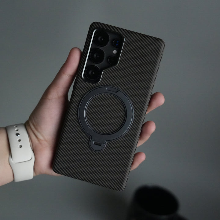 Galaxy S25 Ultra Carbon Fiber Texture Case with Metal Camera Frame & Rotating Ring Stand