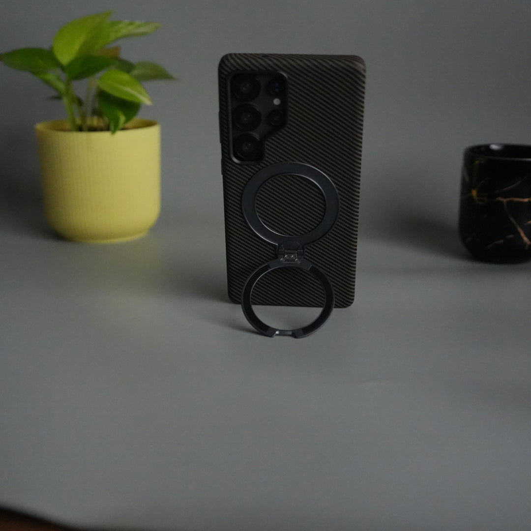 Galaxy S25 Ultra Carbon Fiber Texture Case with Metal Camera Frame & Rotating Ring Stand