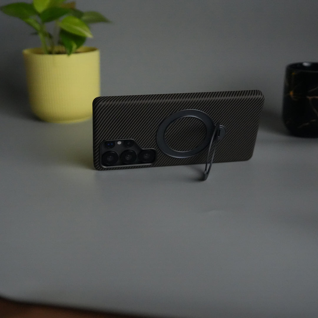 Galaxy S25 Ultra Carbon Fiber Texture Case with Metal Camera Frame & Rotating Ring Stand