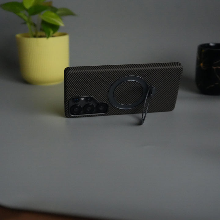 Galaxy S25 Ultra Carbon Fiber Texture Case with Metal Camera Frame & Rotating Ring Stand