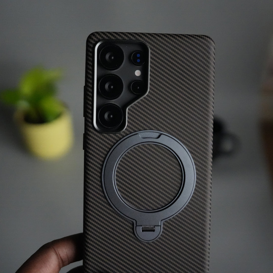 Galaxy S25 Ultra Carbon Fiber Texture Case with Metal Camera Frame & Rotating Ring Stand