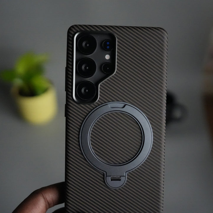 Galaxy S25 Ultra Carbon Fiber Texture Case with Metal Camera Frame & Rotating Ring Stand