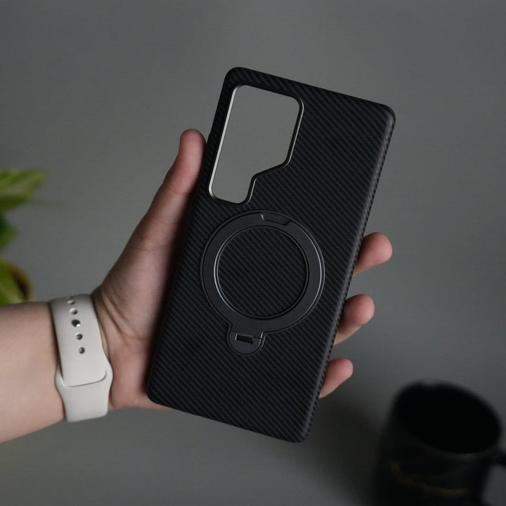Galaxy S25 Ultra Carbon Fiber Texture Case with Metal Camera Frame & Rotating Ring Stand