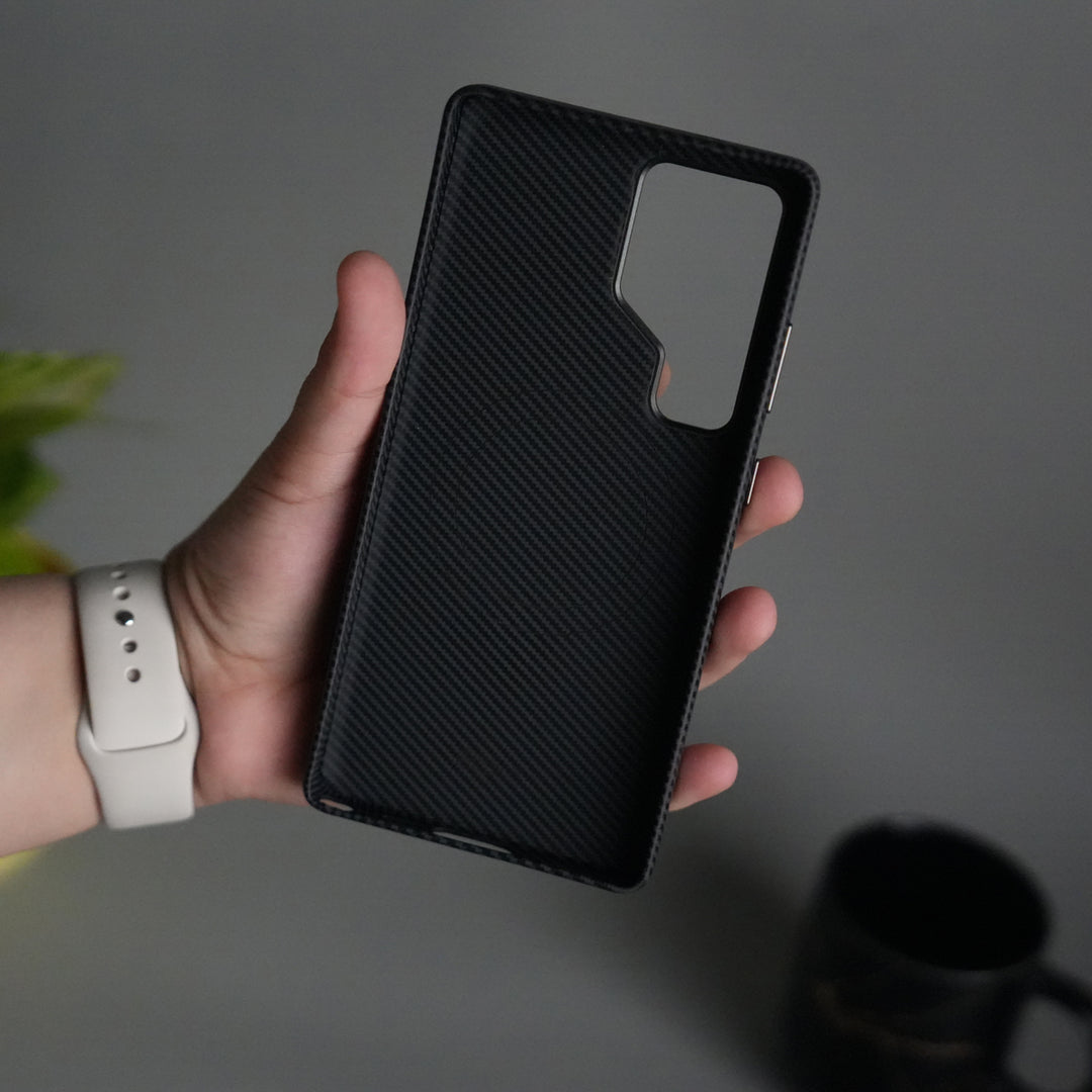 Galaxy S25 Ultra Carbon Fiber Texture Case with Metal Camera Frame & Rotating Ring Stand