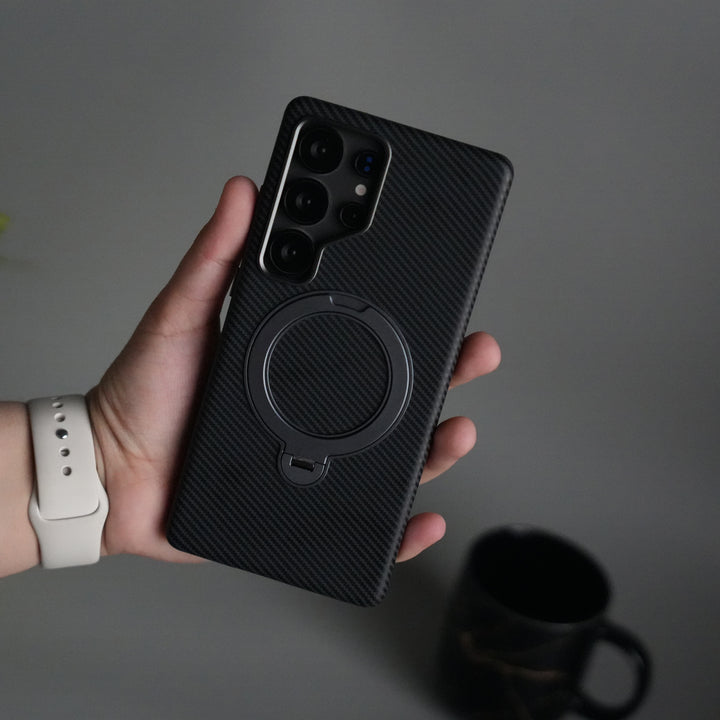 Galaxy S25 Ultra Carbon Fiber Texture Case with Metal Camera Frame & Rotating Ring Stand