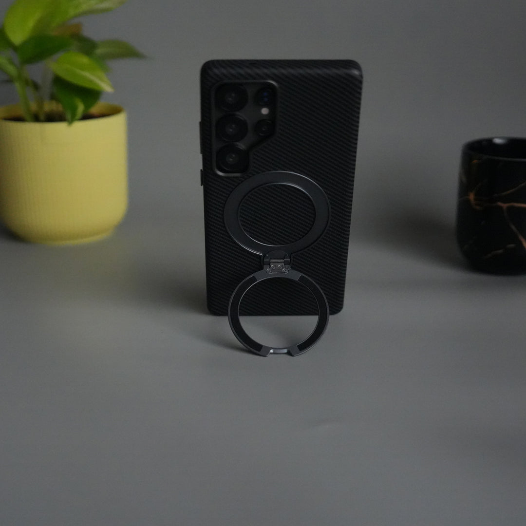 Galaxy S25 Ultra Carbon Fiber Texture Case with Metal Camera Frame & Rotating Ring Stand