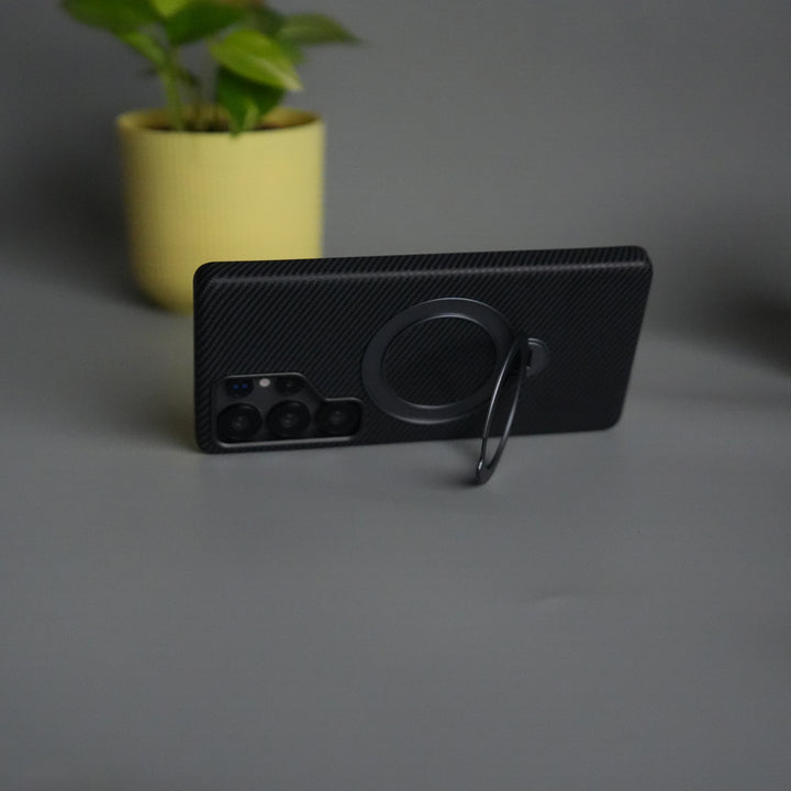 Galaxy S25 Ultra Carbon Fiber Texture Case with Metal Camera Frame & Rotating Ring Stand