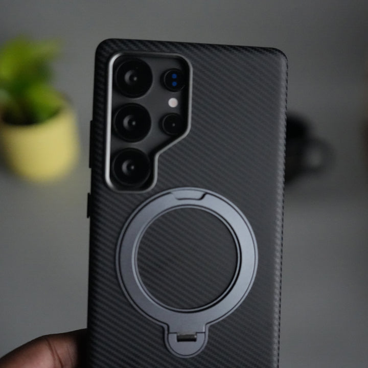 Galaxy S25 Ultra Carbon Fiber Texture Case with Metal Camera Frame & Rotating Ring Stand