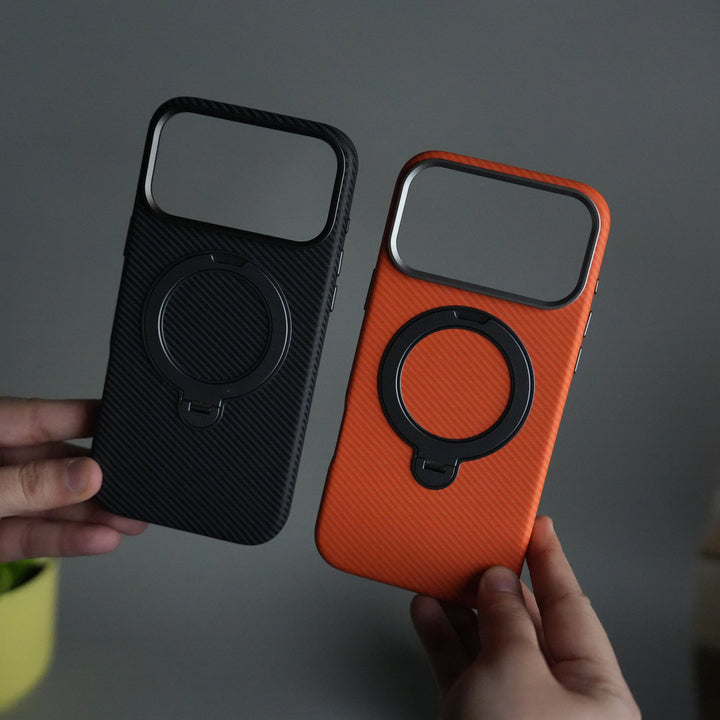 iPhone 17 Pro Carbon Fiber Texture Case with Metal Camera Frame & Rotating Ring Stand