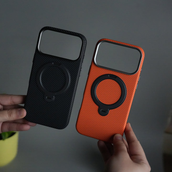 iPhone 17 Pro Carbon Fiber Texture Case with Metal Camera Frame & Rotating Ring Stand