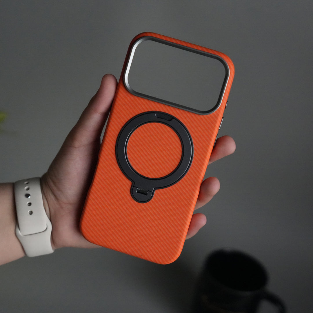 iPhone 17 Pro Carbon Fiber Texture Case with Metal Camera Frame & Rotating Ring Stand