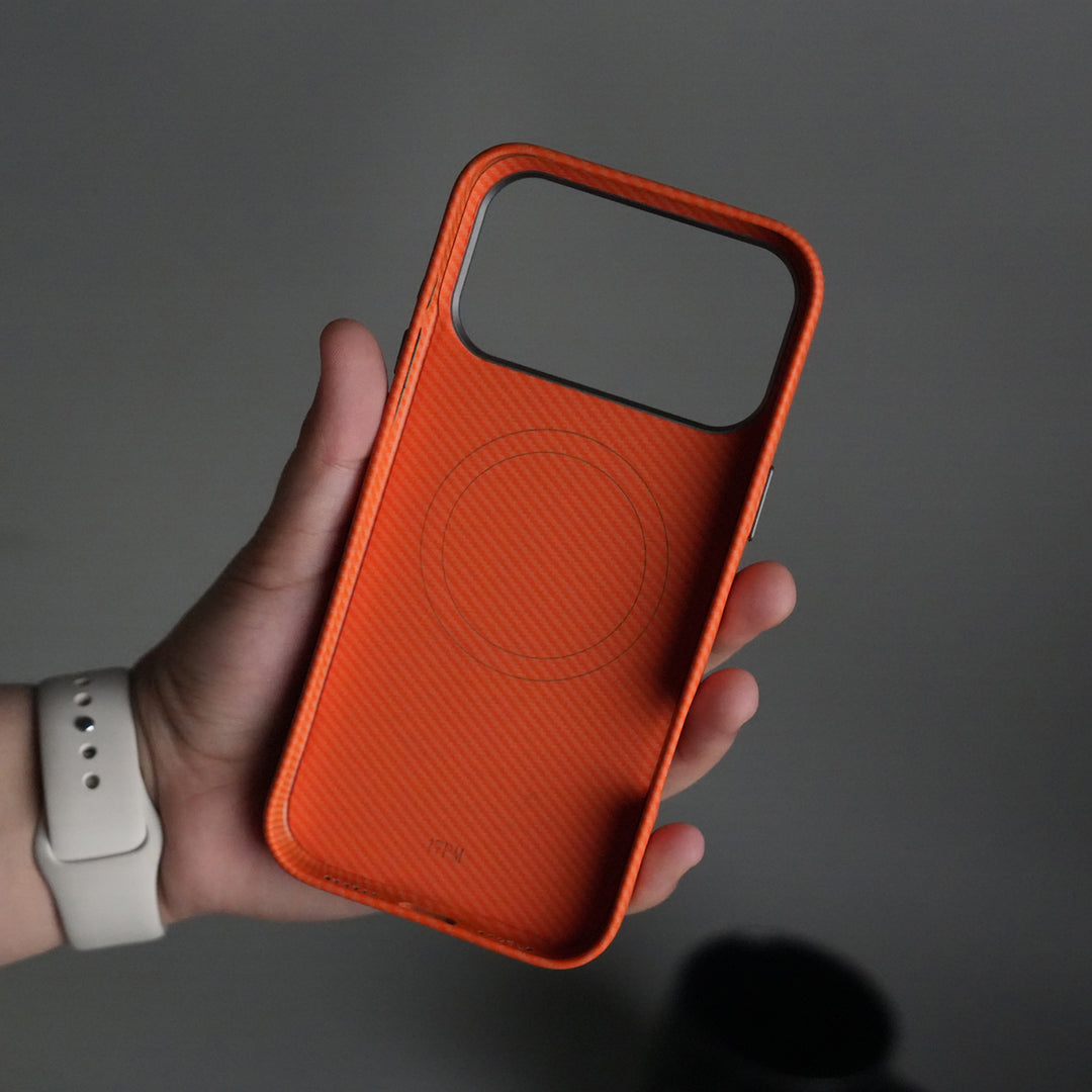 iPhone 17 Pro Carbon Fiber Texture Case with Metal Camera Frame & Rotating Ring Stand