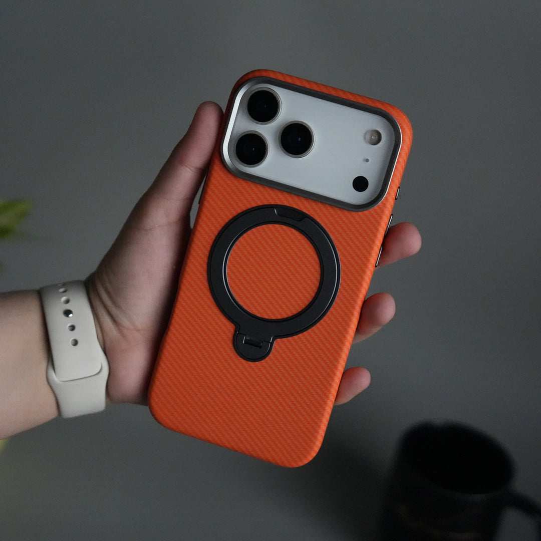 iPhone 17 Pro Carbon Fiber Texture Case with Metal Camera Frame & Rotating Ring Stand