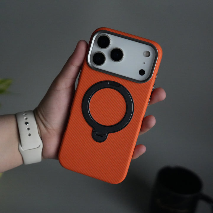 iPhone 17 Pro Carbon Fiber Texture Case with Metal Camera Frame & Rotating Ring Stand