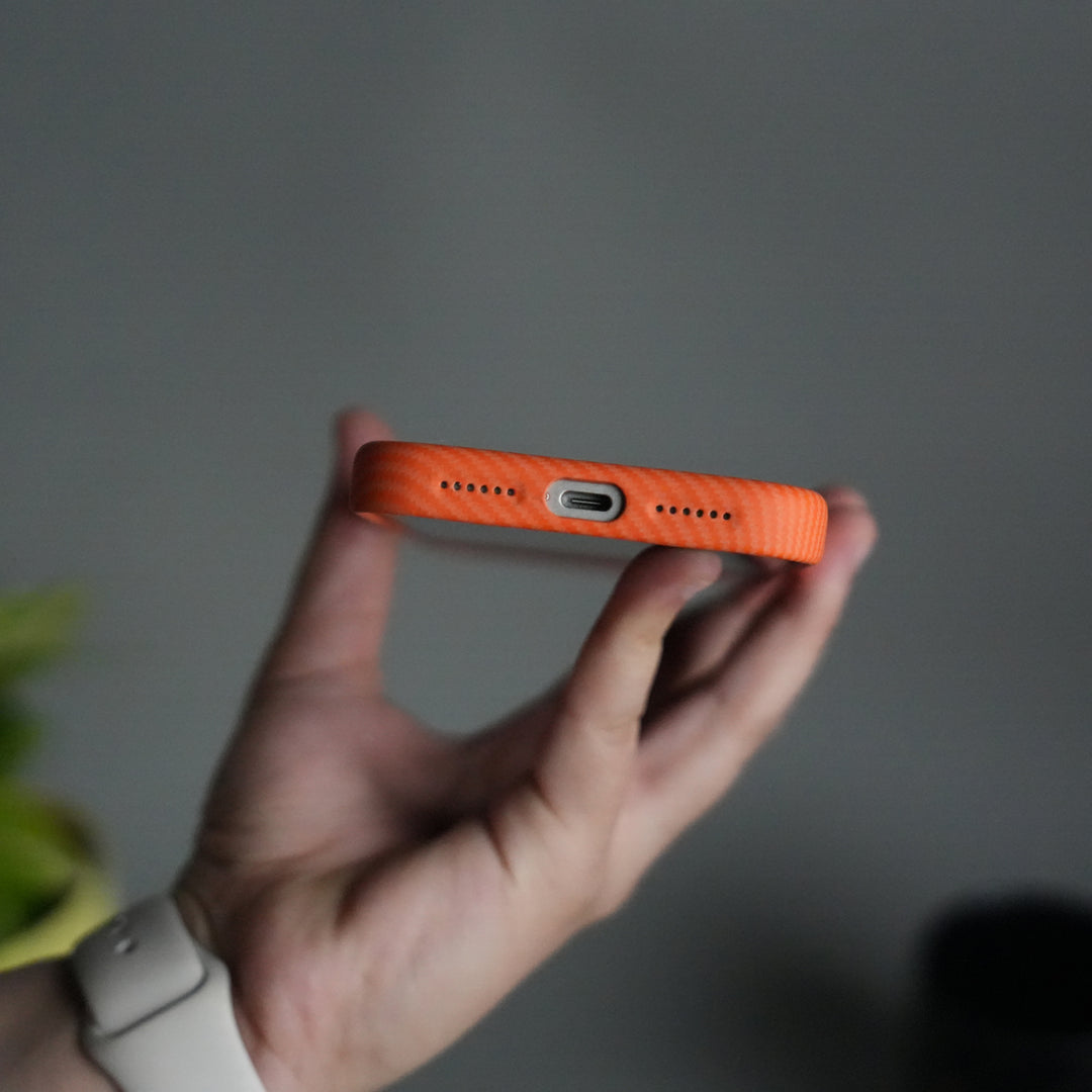 iPhone 17 Pro Carbon Fiber Texture Case with Metal Camera Frame & Rotating Ring Stand