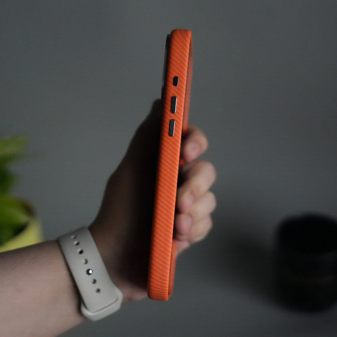 iPhone 17 Pro Carbon Fiber Texture Case with Metal Camera Frame & Rotating Ring Stand