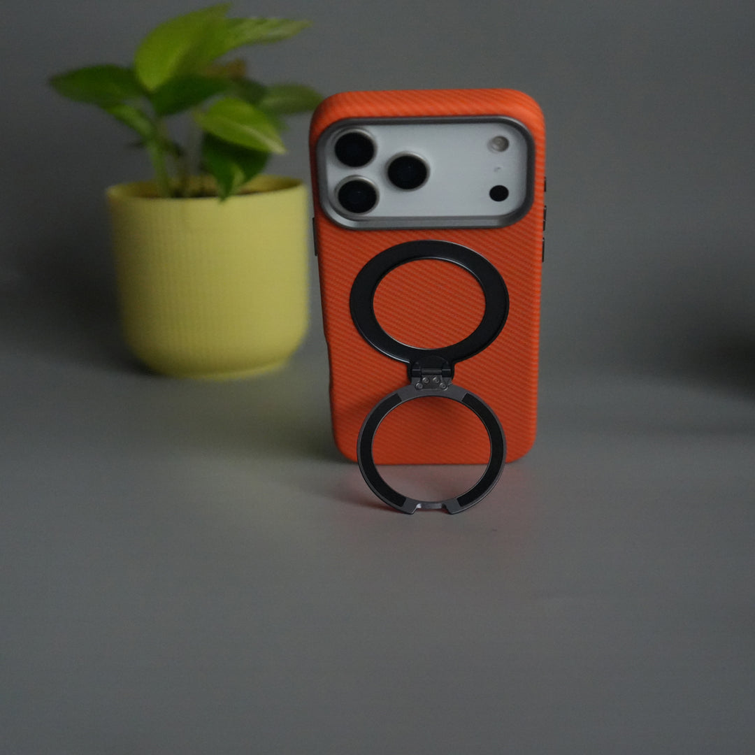 iPhone 17 Pro Carbon Fiber Texture Case with Metal Camera Frame & Rotating Ring Stand