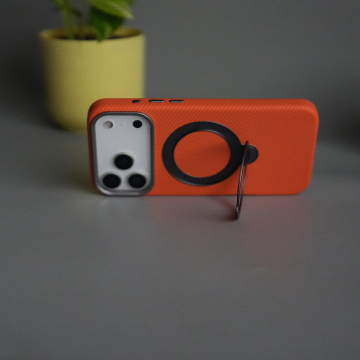 iPhone 17 Pro Carbon Fiber Texture Case with Metal Camera Frame & Rotating Ring Stand