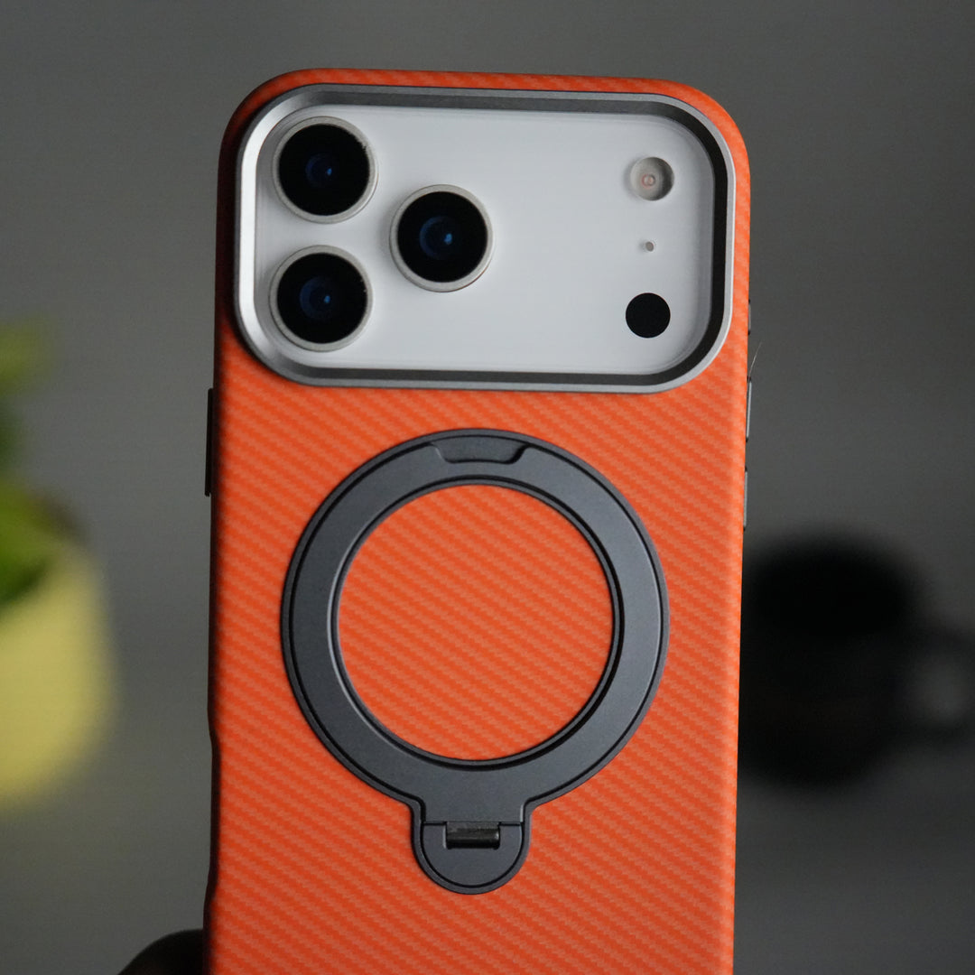 iPhone 17 Pro Carbon Fiber Texture Case with Metal Camera Frame & Rotating Ring Stand